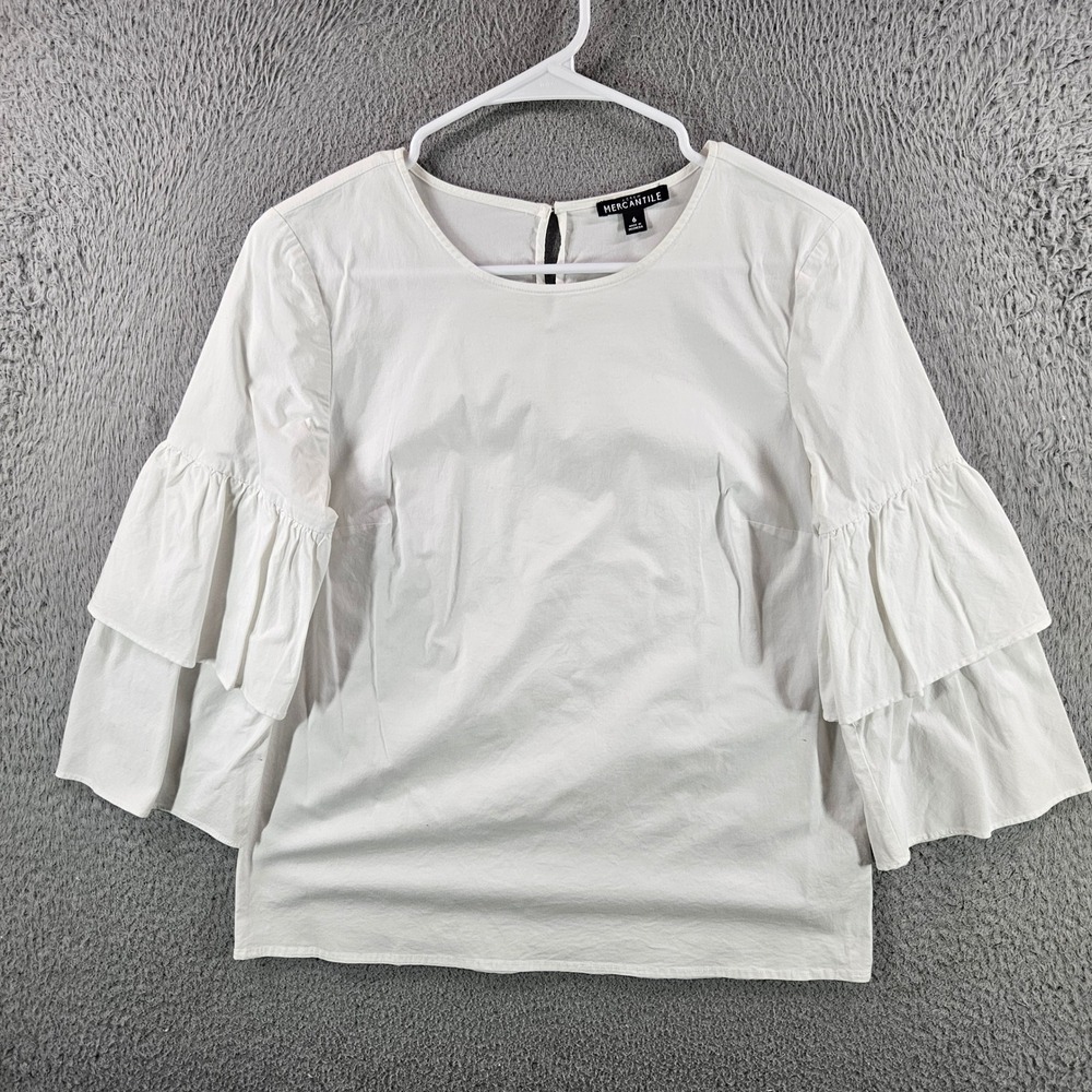 J.Crew Mercantile White Tiered Bell Sleeve Blouse Top‎ Size 6 Cotton Stretch